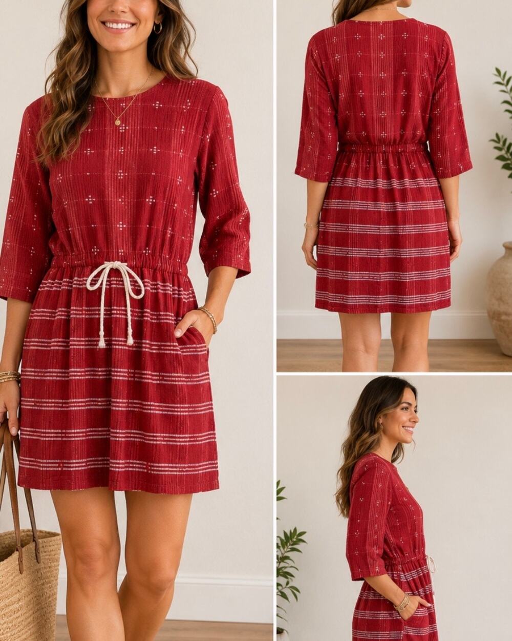 Ace & Jig Women’s Sz XS Cardinal Red 3/4 Sleeve Short Lake Dress With Pockets